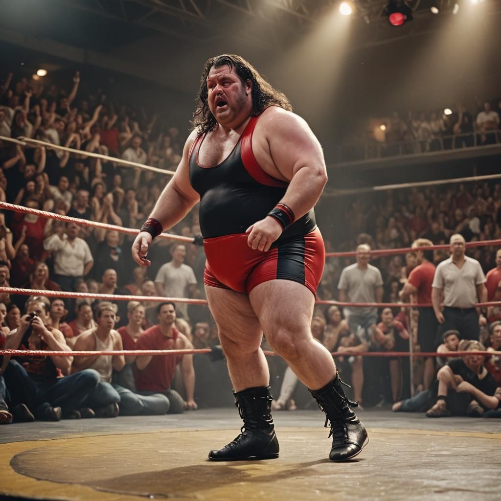 Hyper-Realistic Wrestler Taunting Crowd in Golden Light