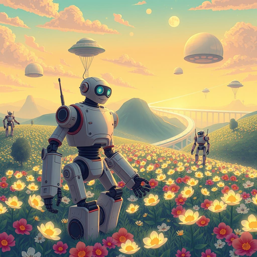 Robots Farm Glowing Flowers in Surreal Landscape