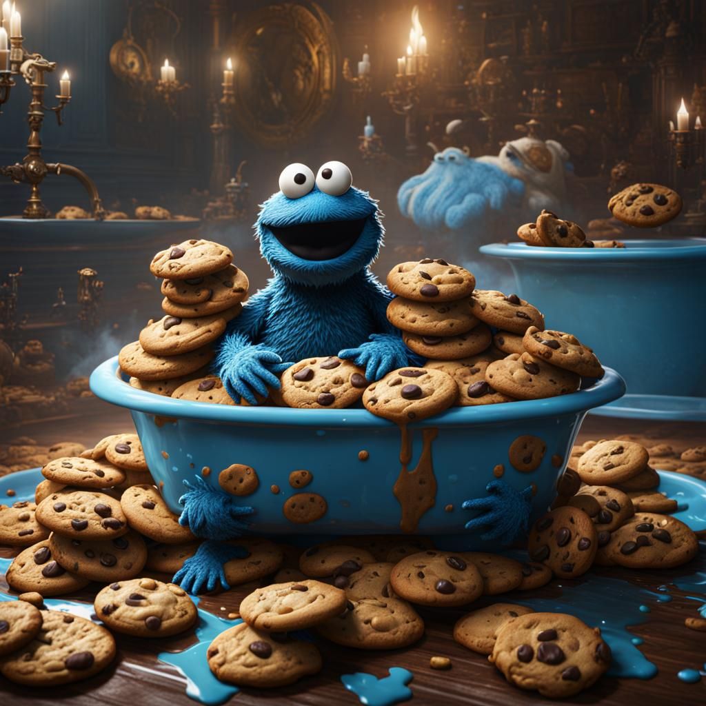 Cookie Monster's Cookie Bath: Detailed Digital Art