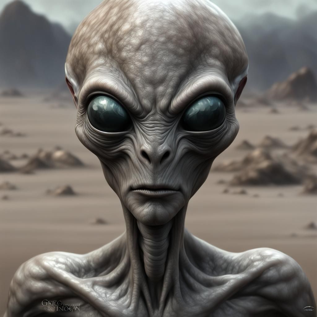 Hyperrealistic 3D Grey Alien Portrait