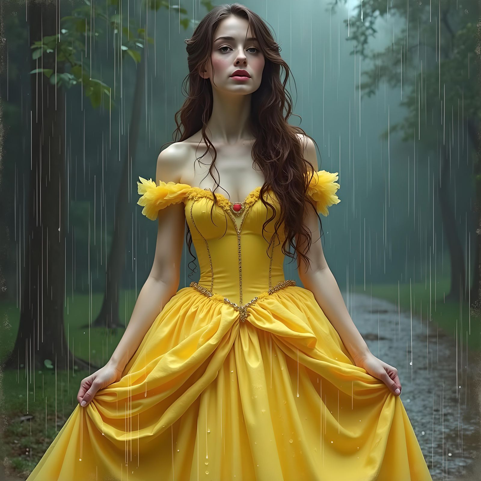 Waterlogged Princess Belle in a Rainy Storm