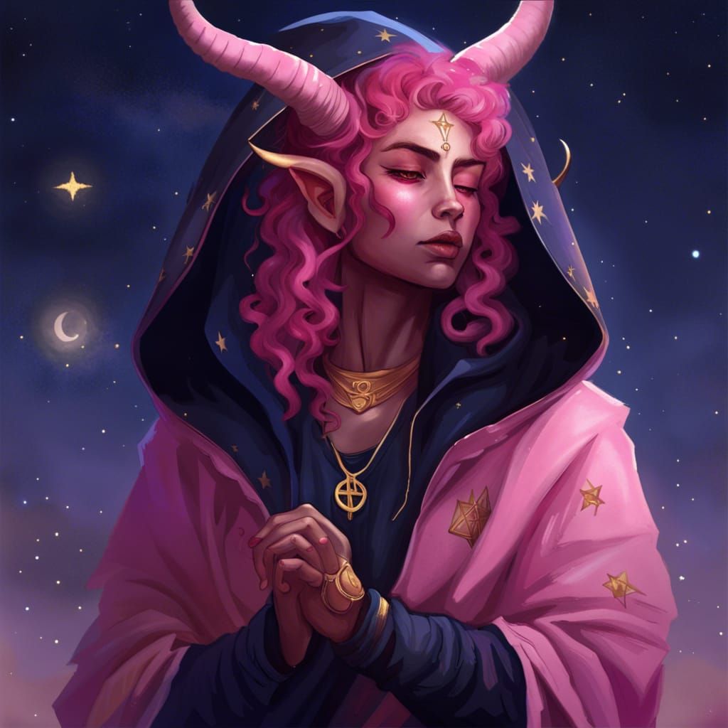Tiefling Tarot Reader Floating in Starry Sky