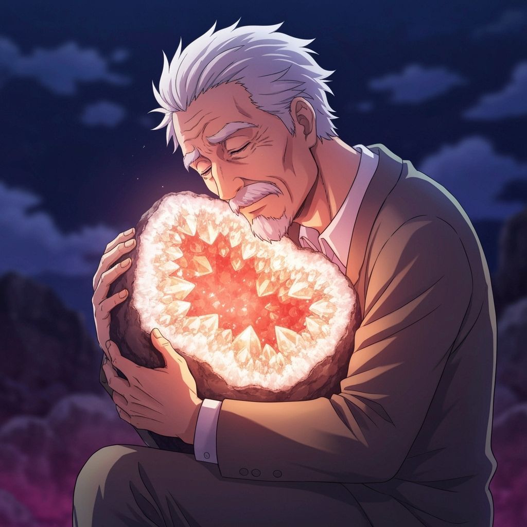 Elderly Geologist Embraces Luminous Geode in Anime Style