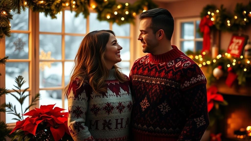 Cozy Winter Couple in Warm Inviting Home with Vibrant Christ...
