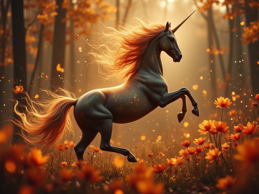 Unicorn in Autumn Forest with Glowing Flowers