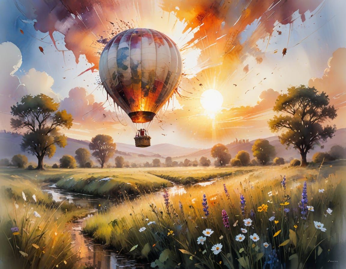 Hot Air Balloon in Spring Meadow, Watercolour Style