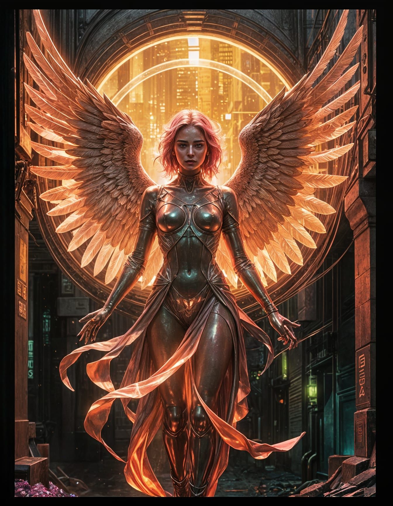 Neon Angel in Cyberpunk Cityscape