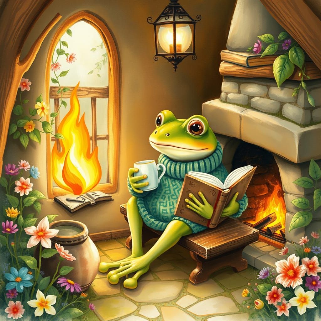 Whimsical Frog in Cozy Watercolor Cottage