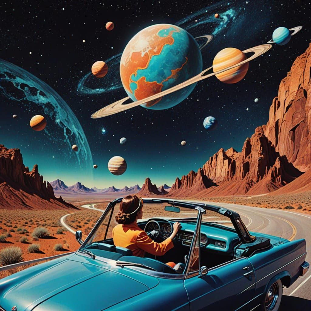 Two Women Drive Convertible Through Outer Space