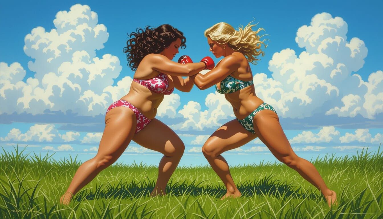Women Wrestling in Bikinis in Hyper-Realistic Style
