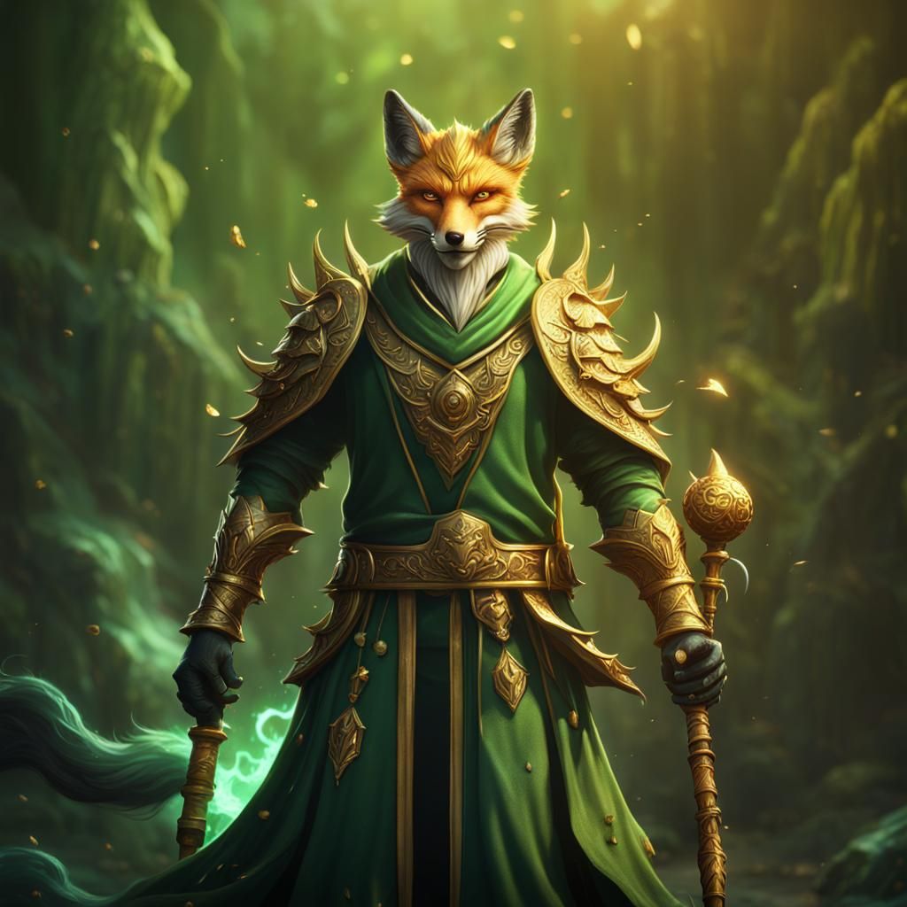 Fox Demon with Golden Staff in Detailed Painting