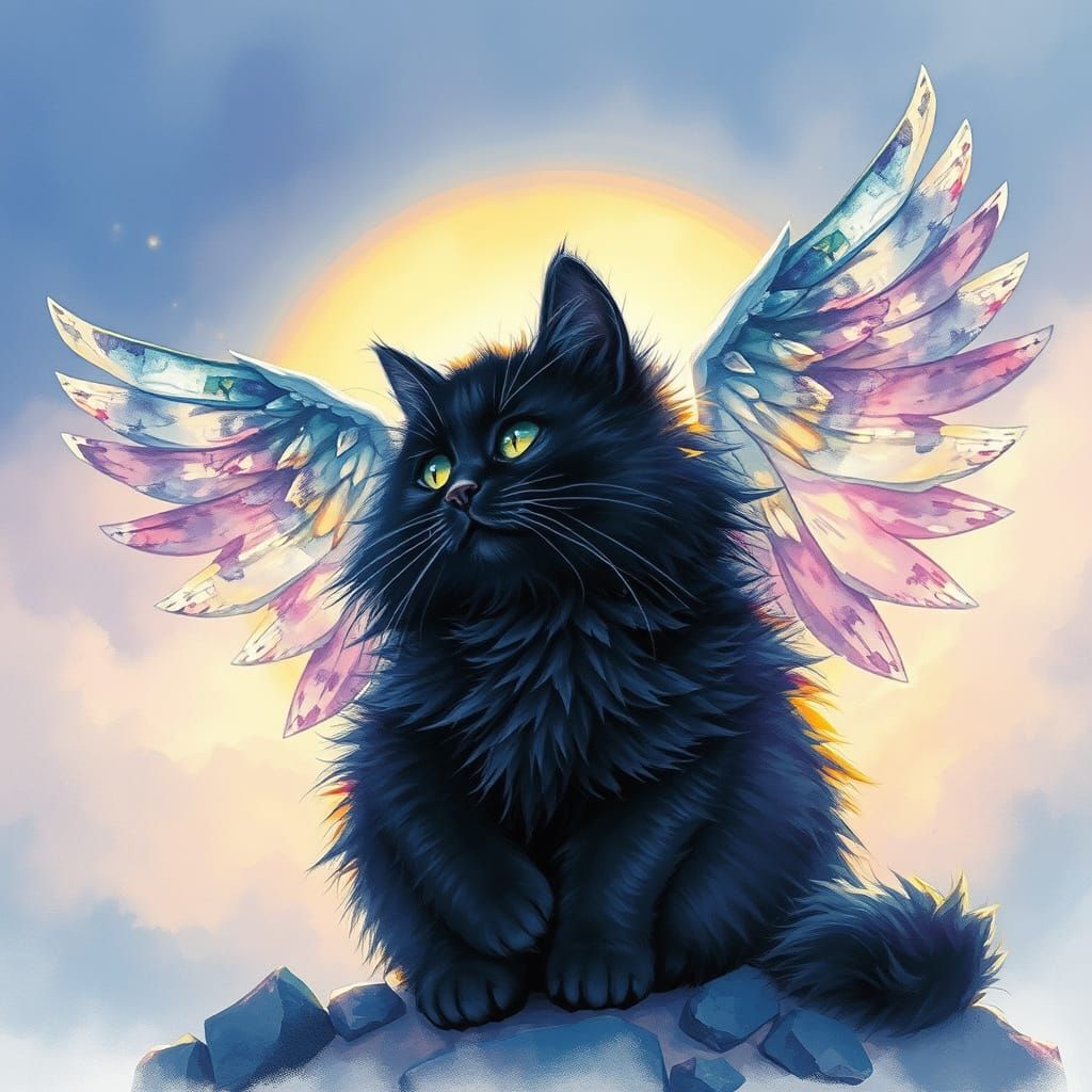 Fluffy Angel Cat with Crystal Wings in Watercolor