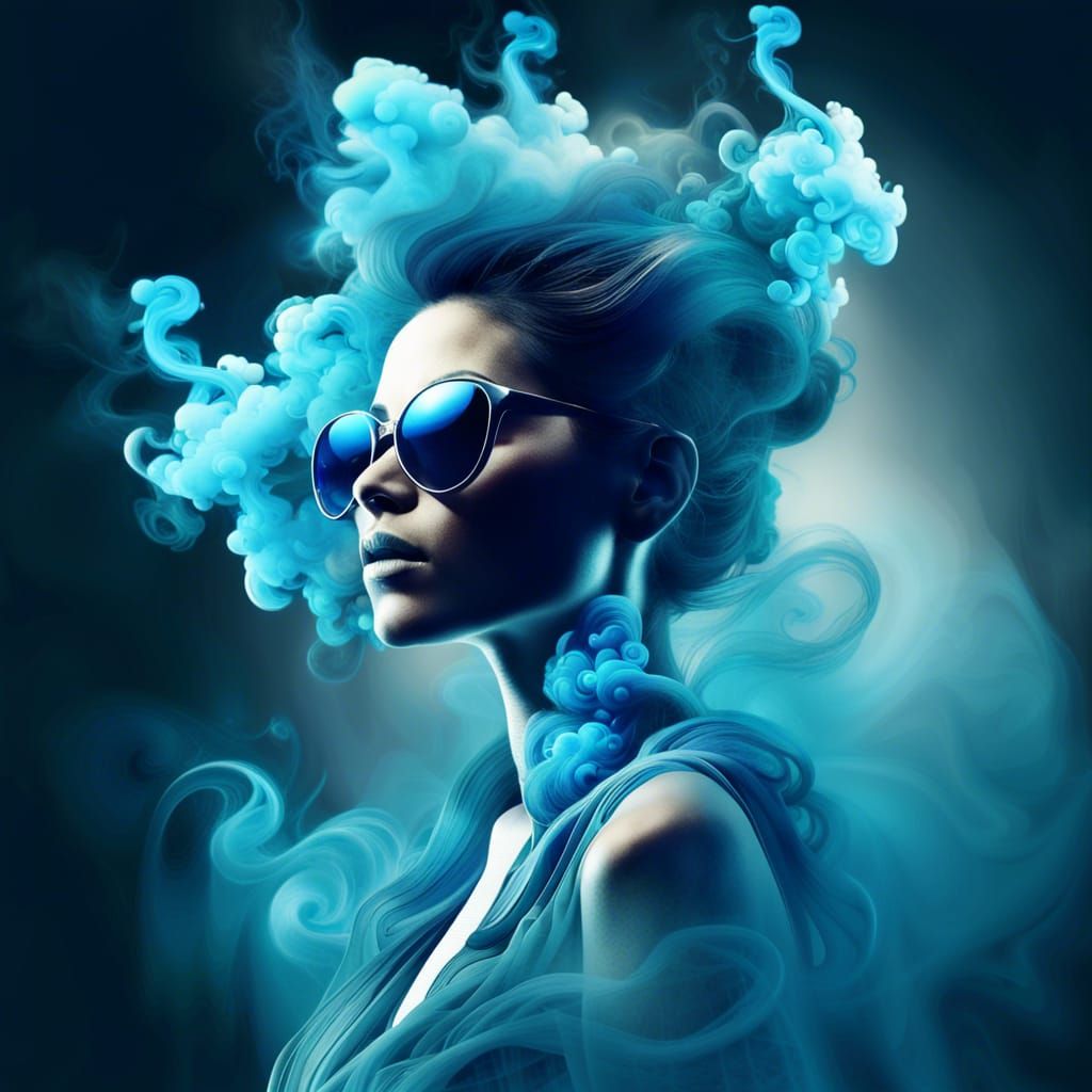 Woman in Sunglasses: Digital Airbrush Avatar with Blue Smoke