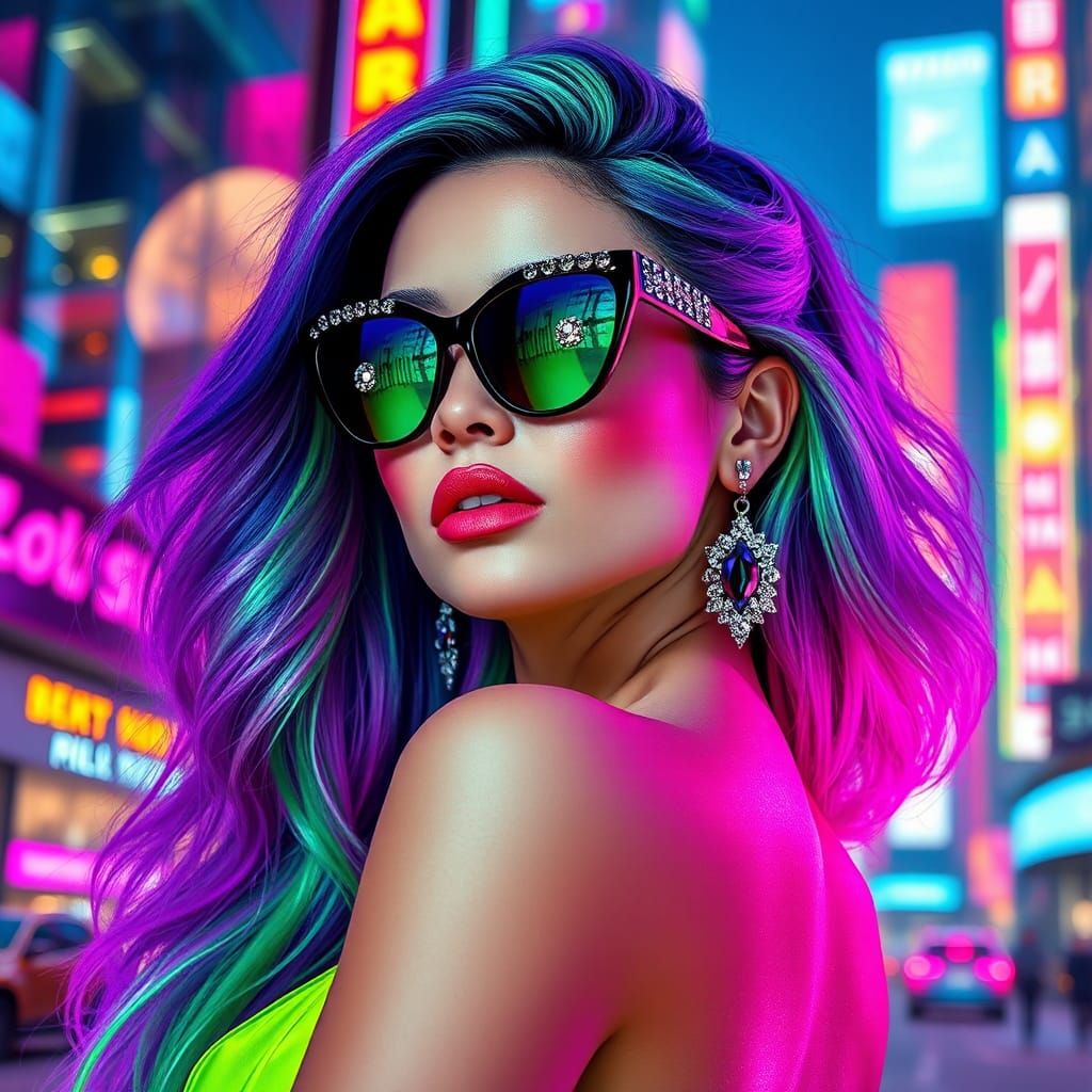 Futuristic Fashion Icon in Neon City, Cyberpunk Style