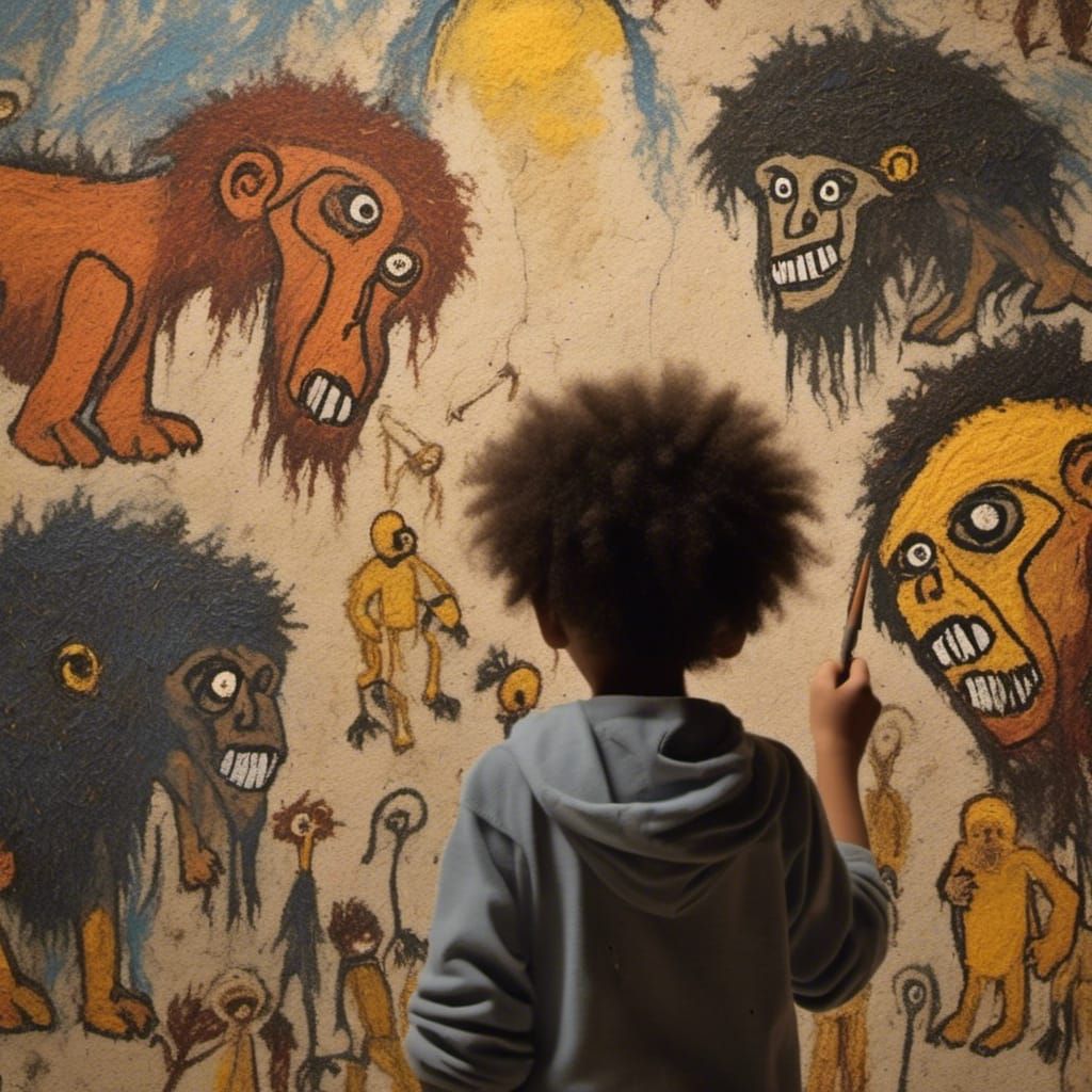 Neanderthal Bob Ross Painting in Comic Style