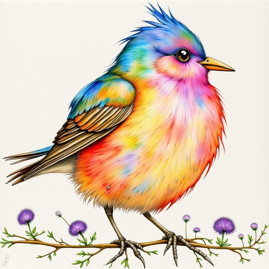 Vaporwave Bird on a Wire in Watercolor