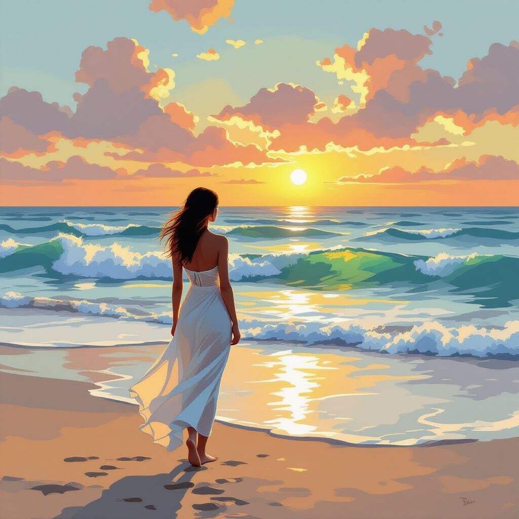 Woman on Beach: Impressionistic Landscape