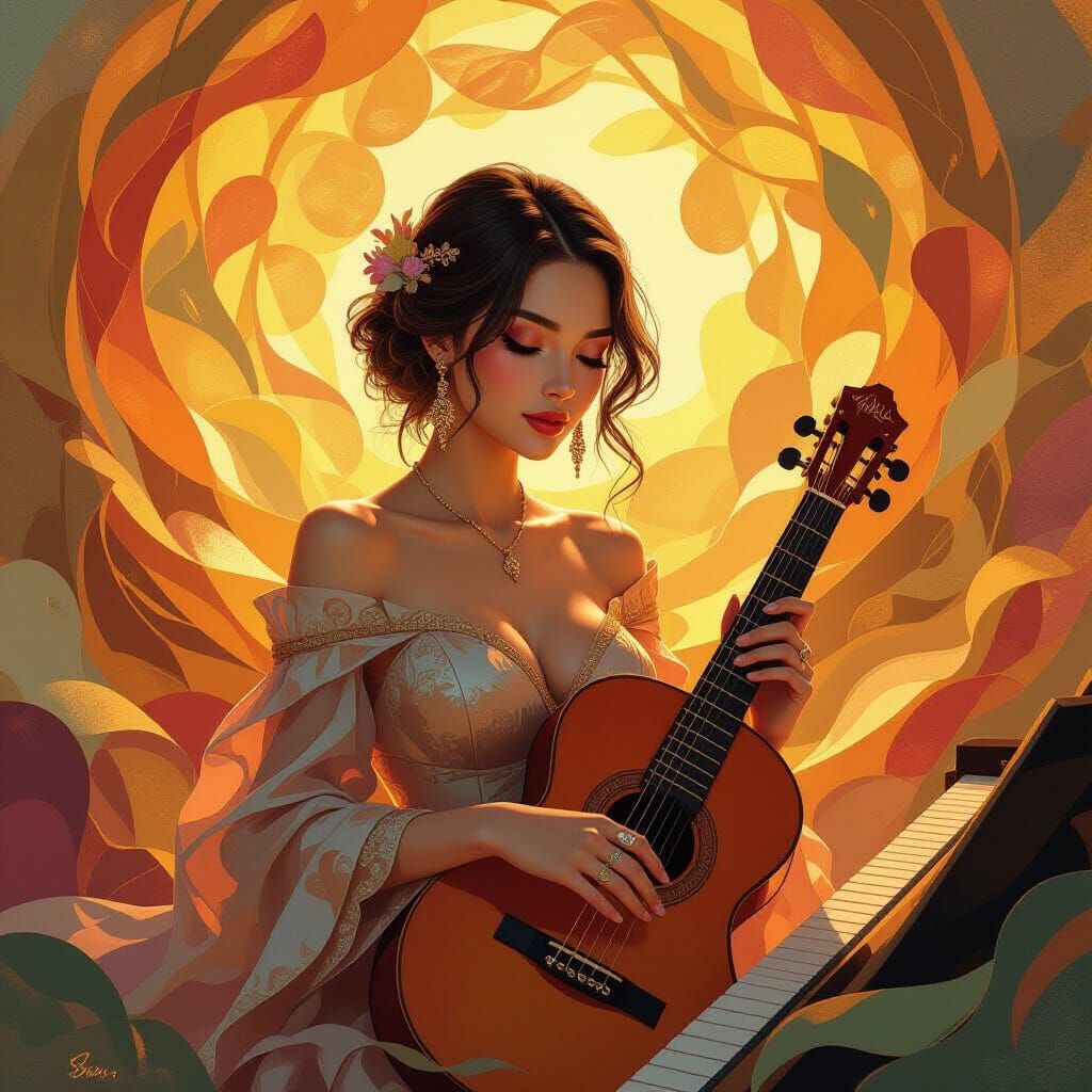 Melodic Musician in a Golden Atelier