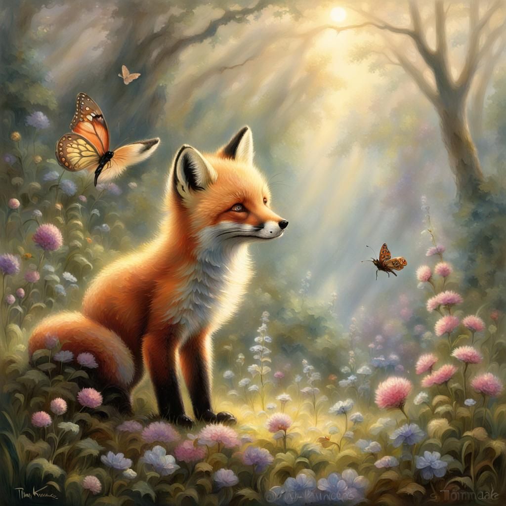 Fox Cub and Butterfly: Ethereal Fantasy Art