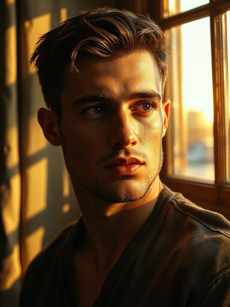 A Young Man Lost in Thought, Bathed in Golden Dawn Light
