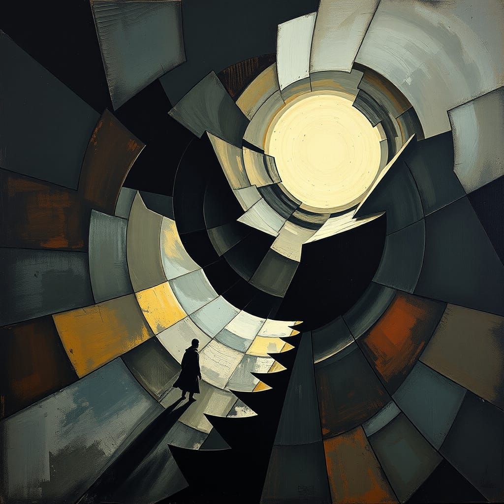 Cubist Vortex Painting of Figure Facing Plague