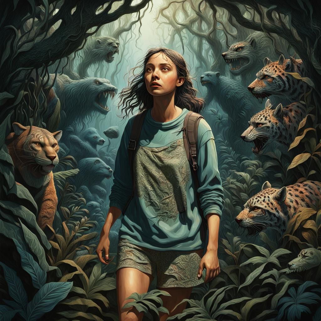 The bas-relief should be rectangular. On the bas-relief, depict a small frightened girl in the forest, full-length, in t...