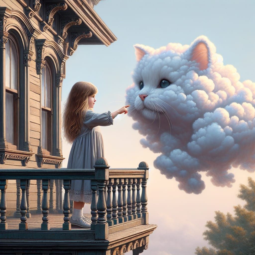 Girl Touches Cat Cloud: Hyperrealistic Oil Painting