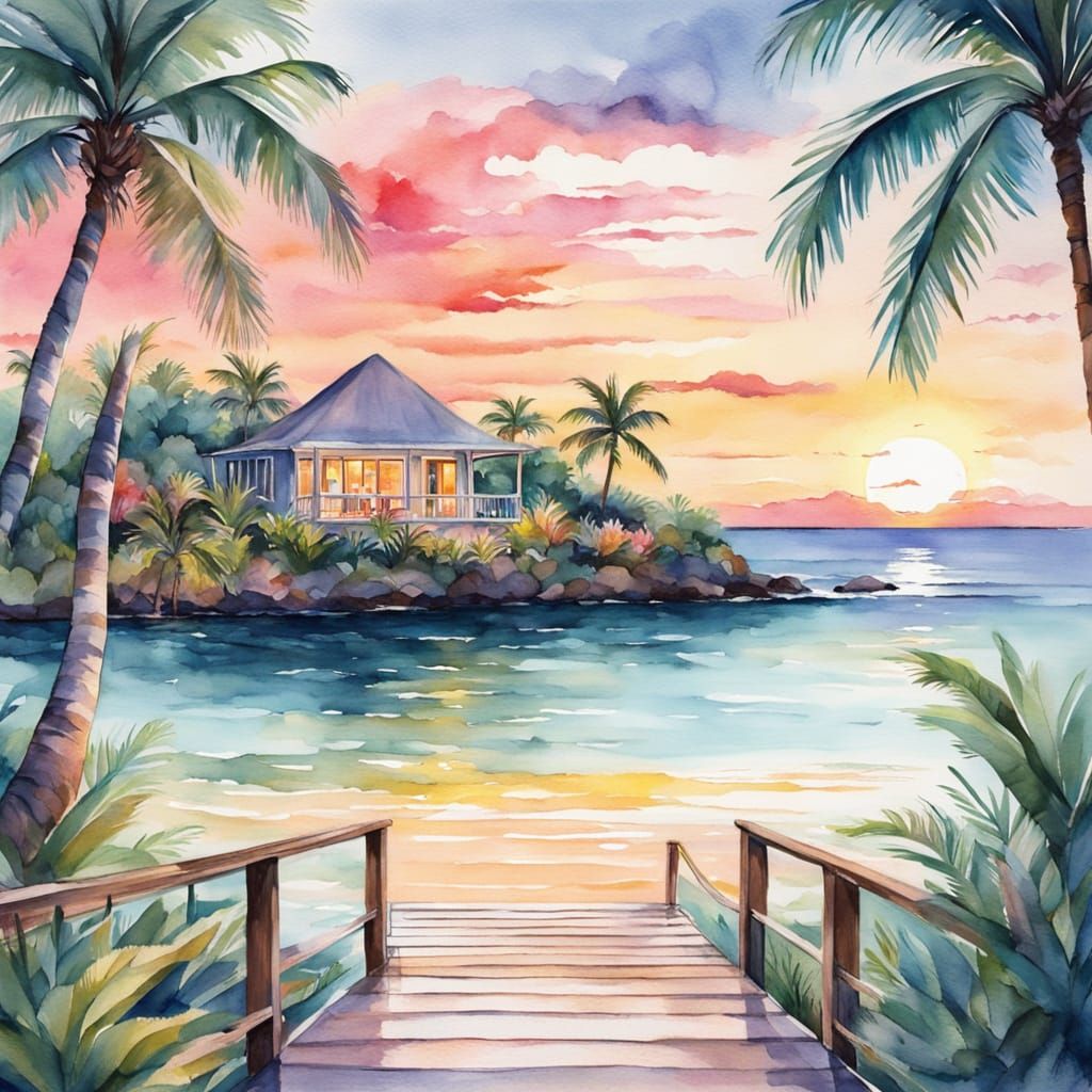 Surreal Tropical Sunset Cocktail Scene in Serene Watercolor ...