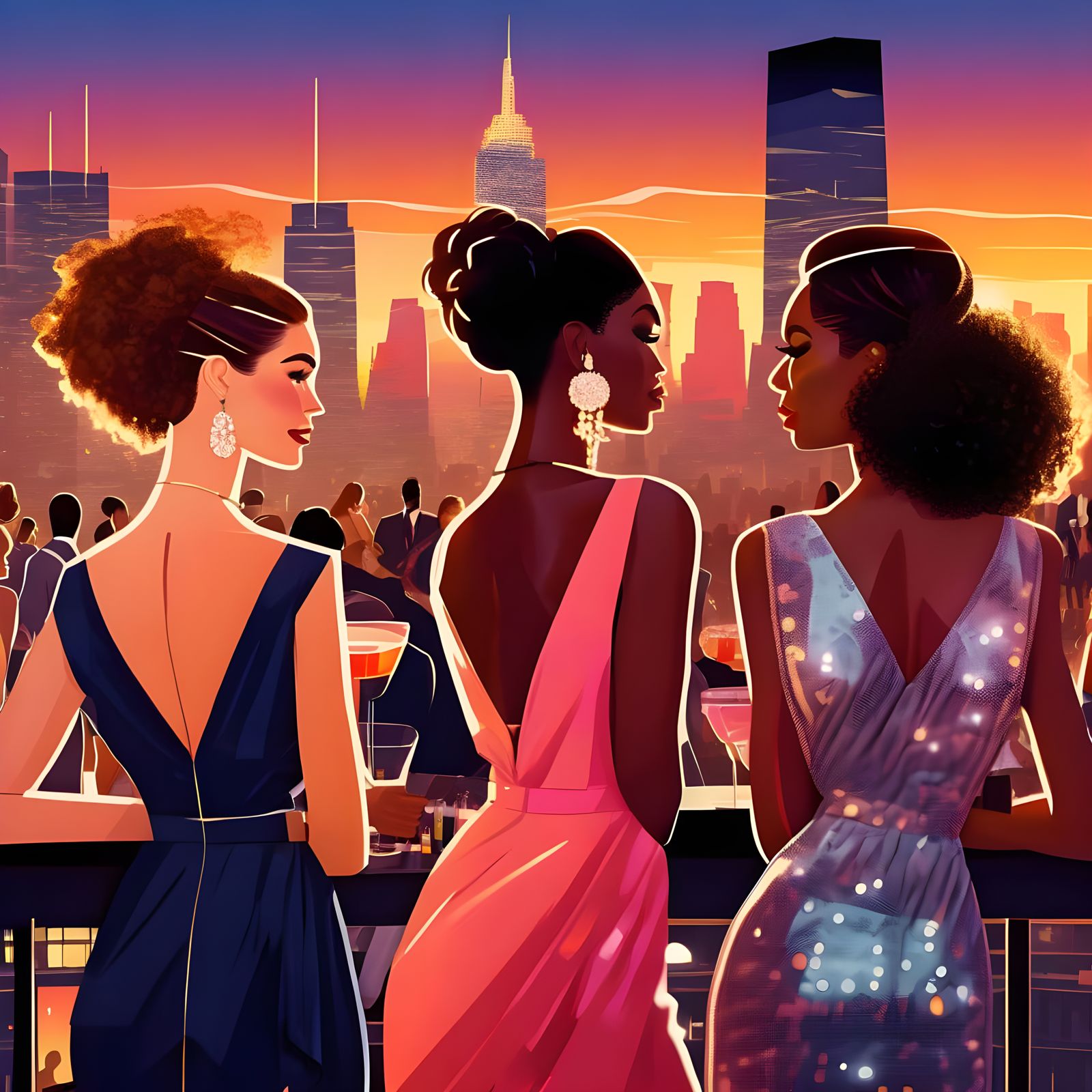 Women in Cocktail Dresses at Rooftop Party