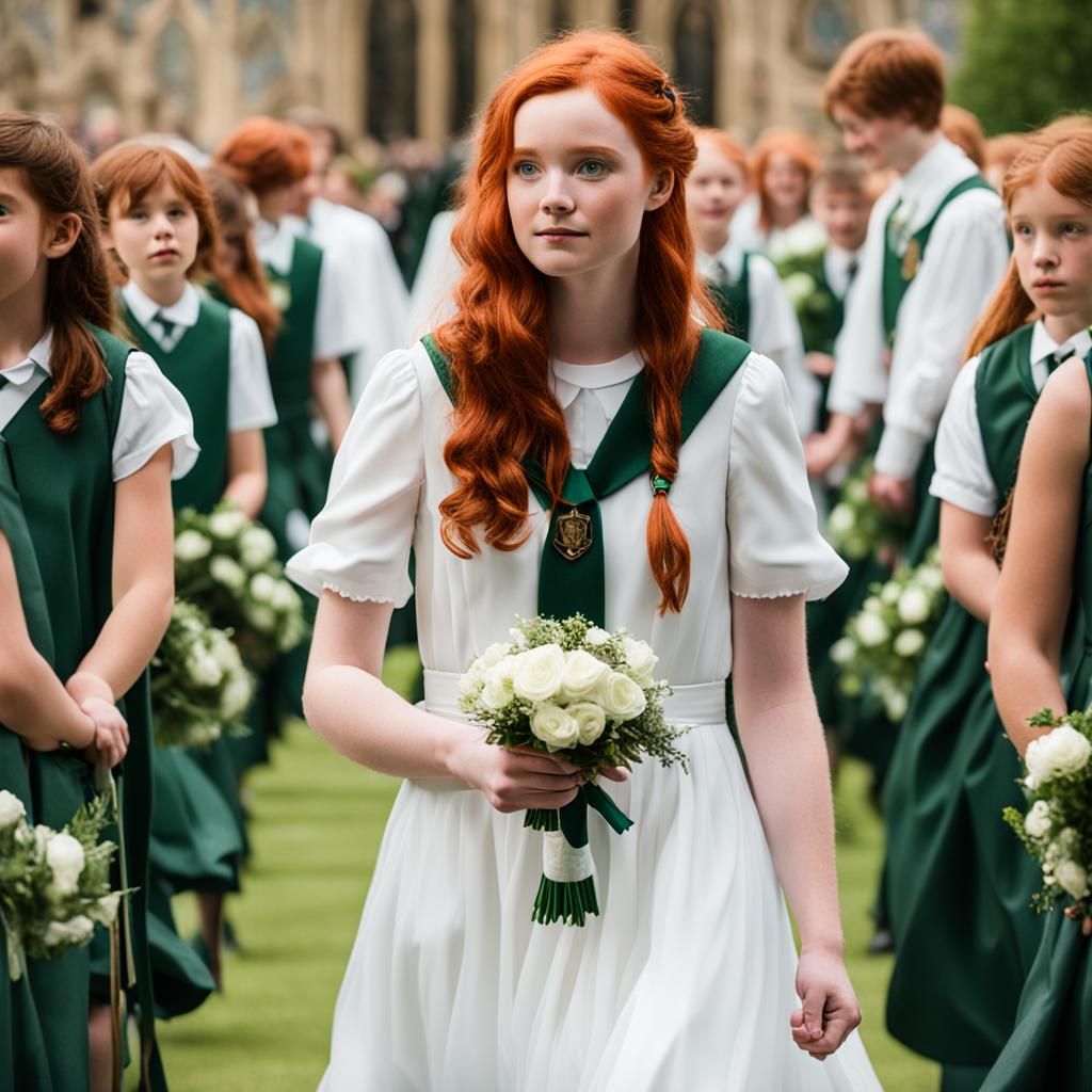 Redheaded Slytherin Student in White Dress