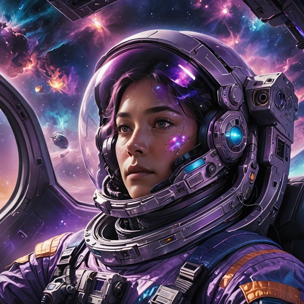 Astronaut in Spaceship Among Glowing Nebulae
