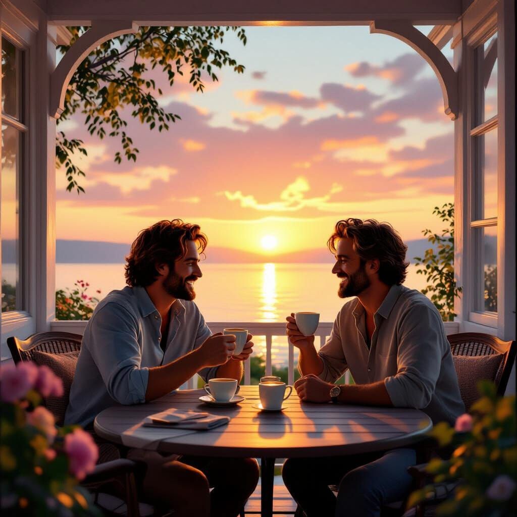 Gay Couple's Serene Sunrise Coffee Morning