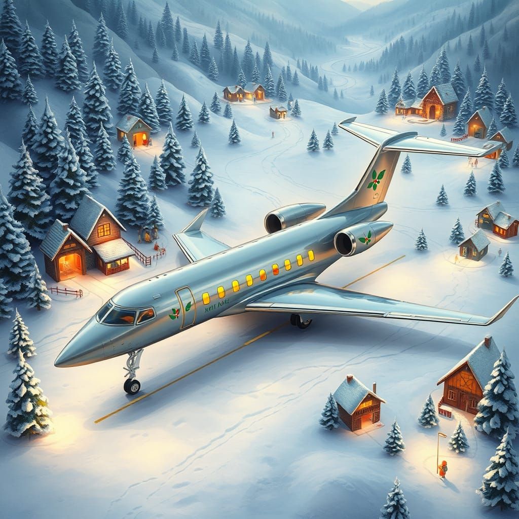 Sleek Silver Jet Amidst Whimsical Christmas Village