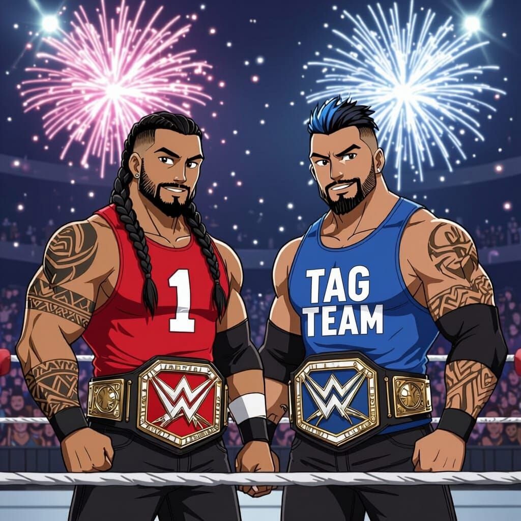 Samoan Twin Wrestlers in Shonen Anime Style