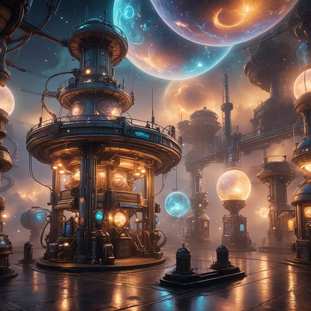 Glowing Orbital Fuel Station in Ethereal Mist