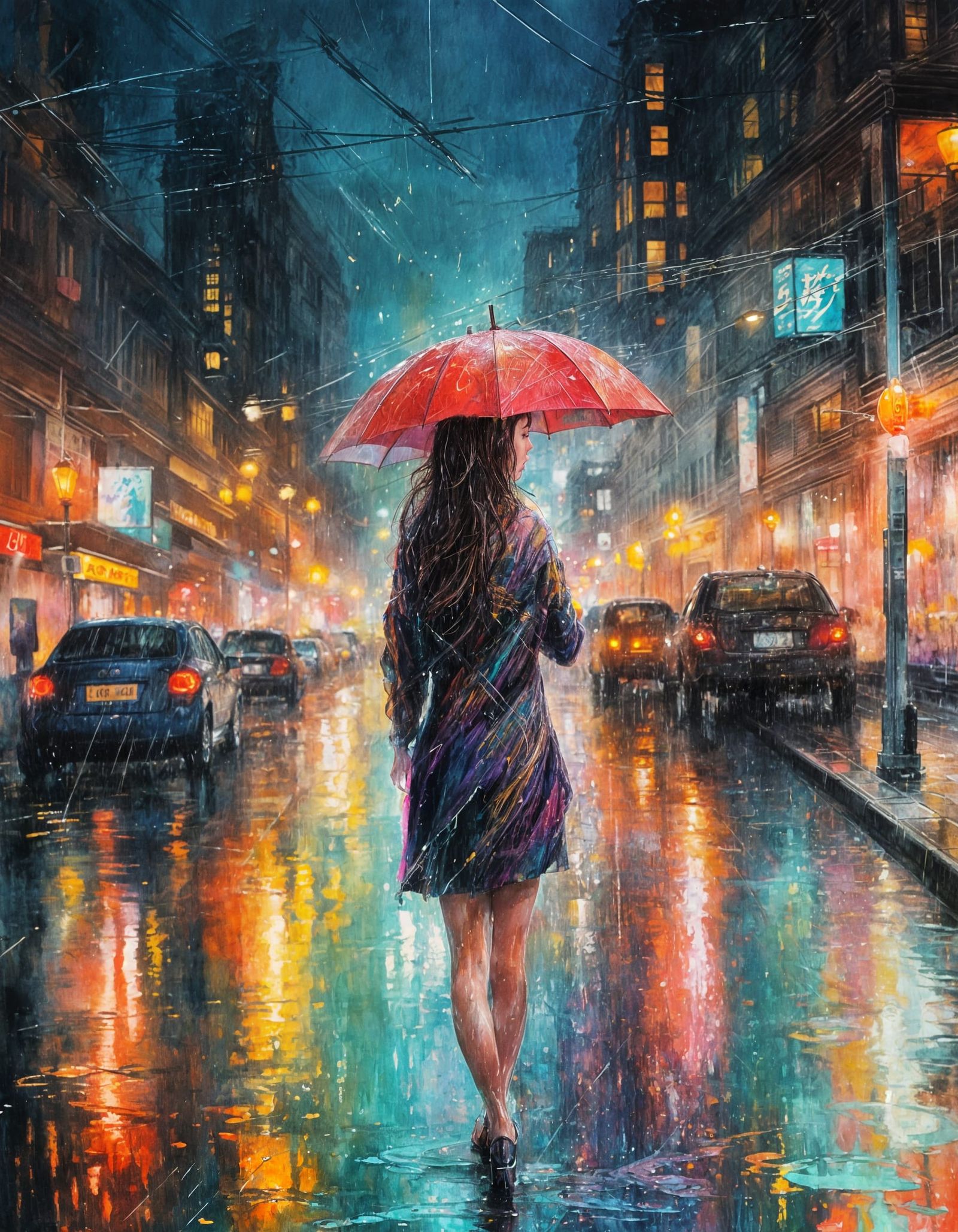 Sad Girl in Rainy City Streetscape