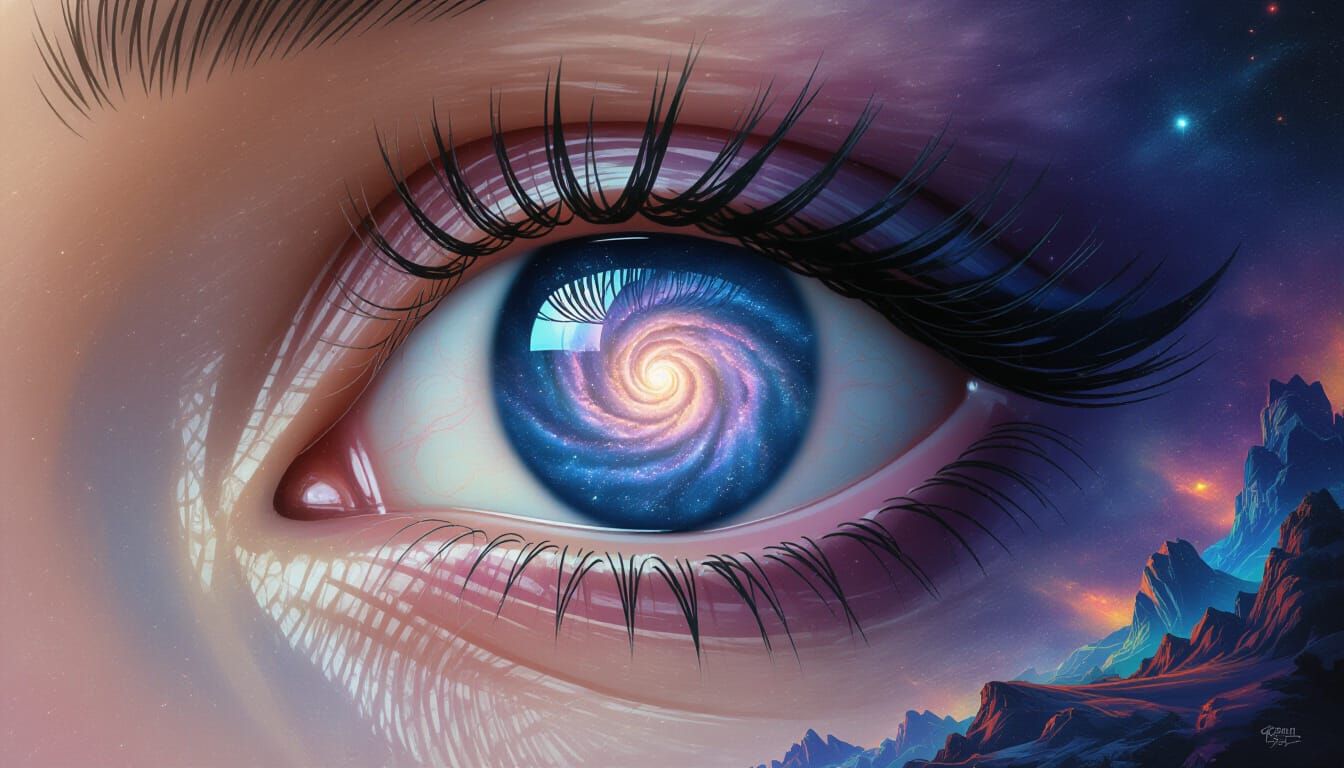Human Eye Reflecting Galaxy in Dreamlike Digital Painting