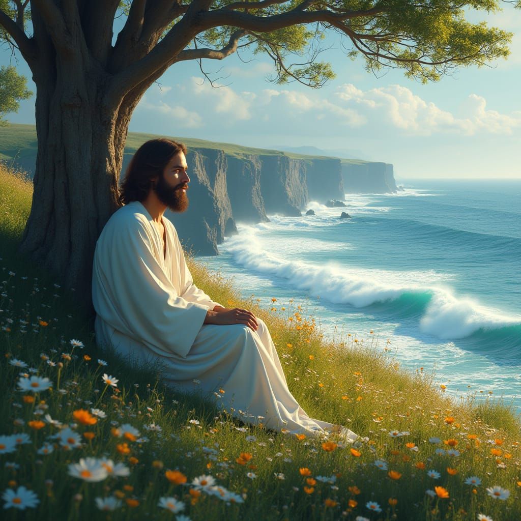 Christ Overlooking Meadow, as Detailed Matte Painting