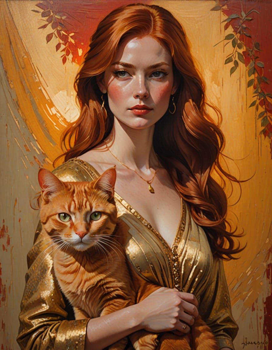 Red-Haired Woman with Cat: Elegant Oil Painting