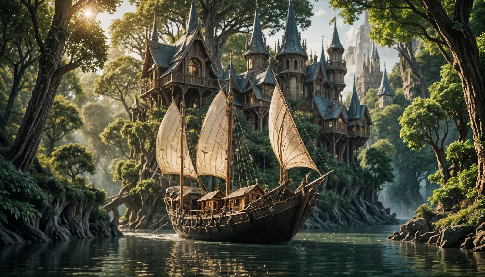 Elven Riverboat Amidst Whimsical Treehouses
