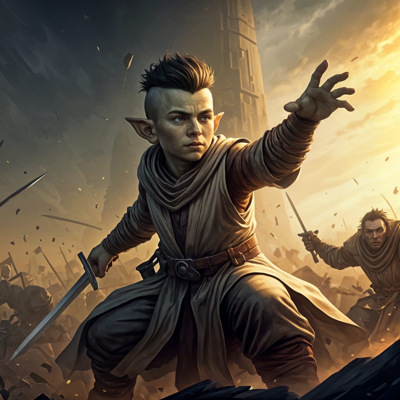 Gnome Jedi Knight in Fantasy Battle Scene