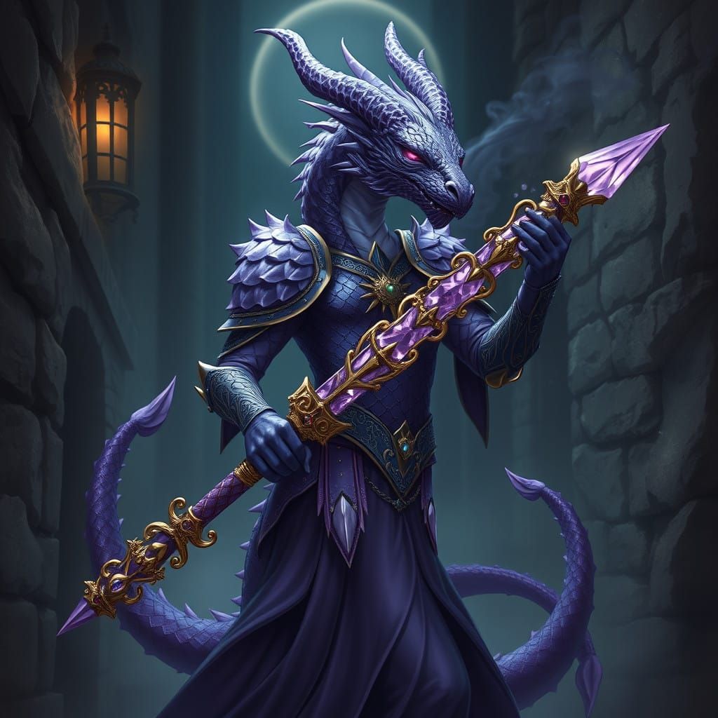 Majestic Amethyst Dragonborn Bard in Dreamlike Darkness