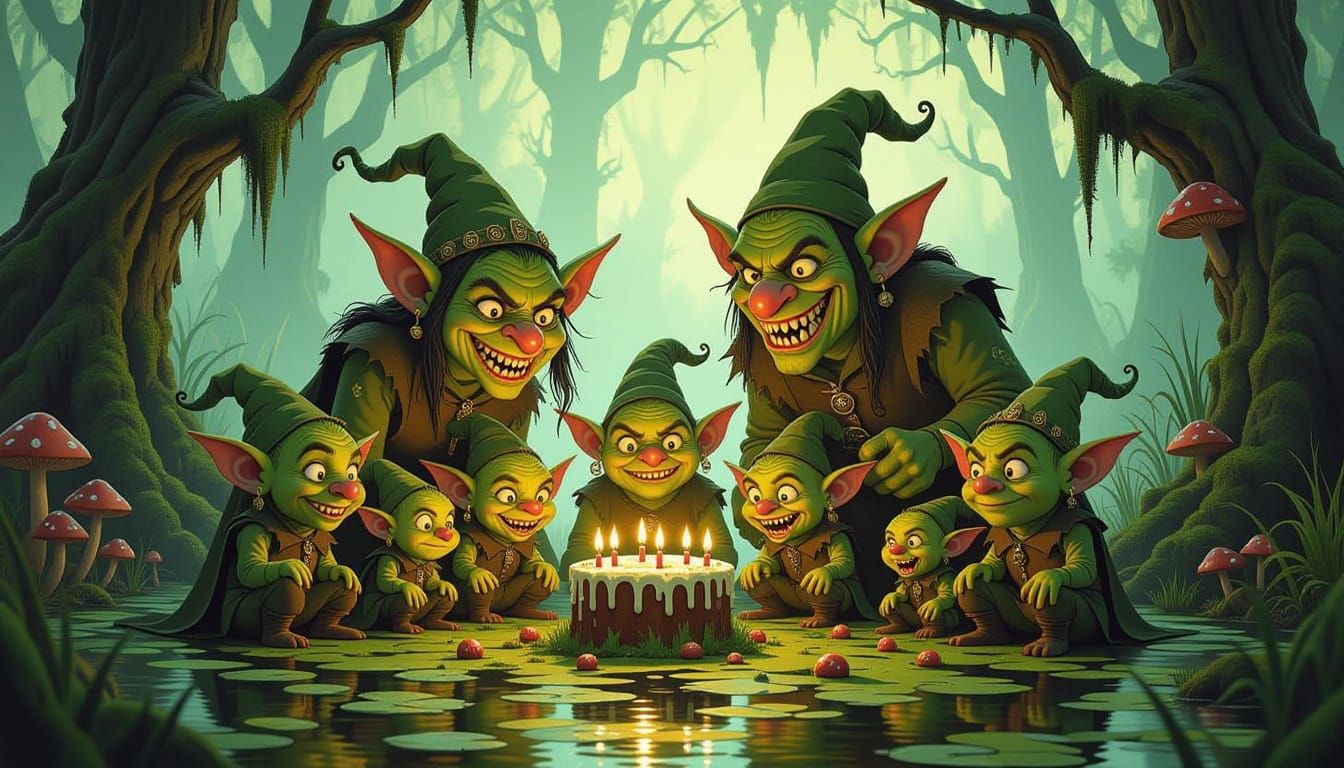 Goblin Family's Chaotic Birthday Bash in Swamp