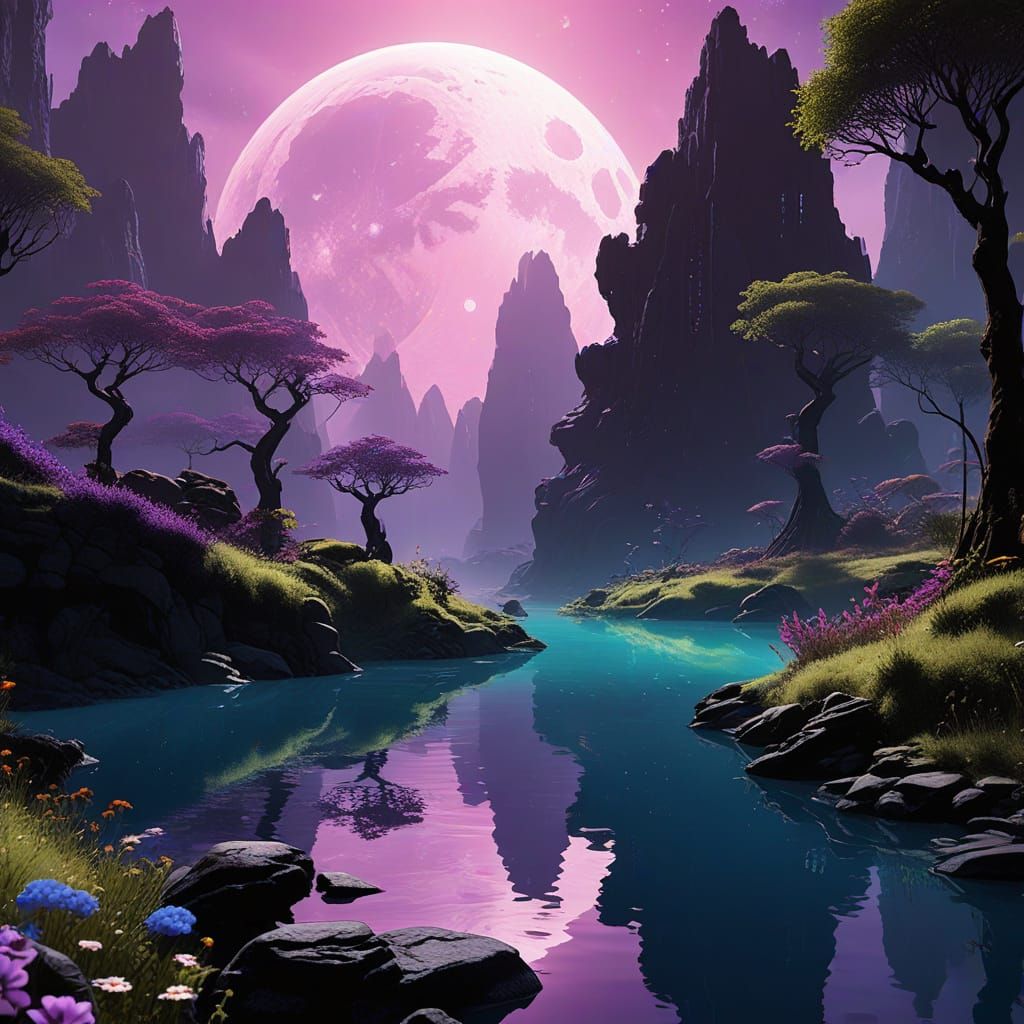 Mystical River Flows to Portal Under Black Sun