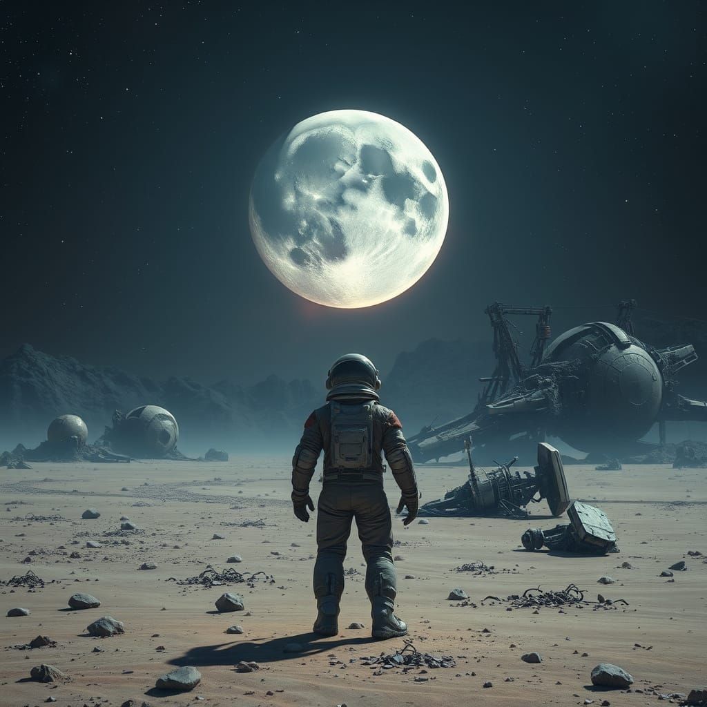 Astronaut on Alien Planet with Shattered Moon