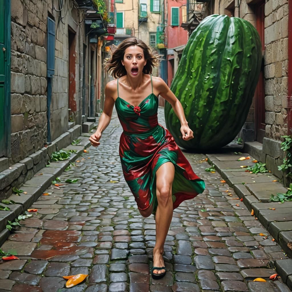 Woman Running From Giant Cucumber: Oil Painting