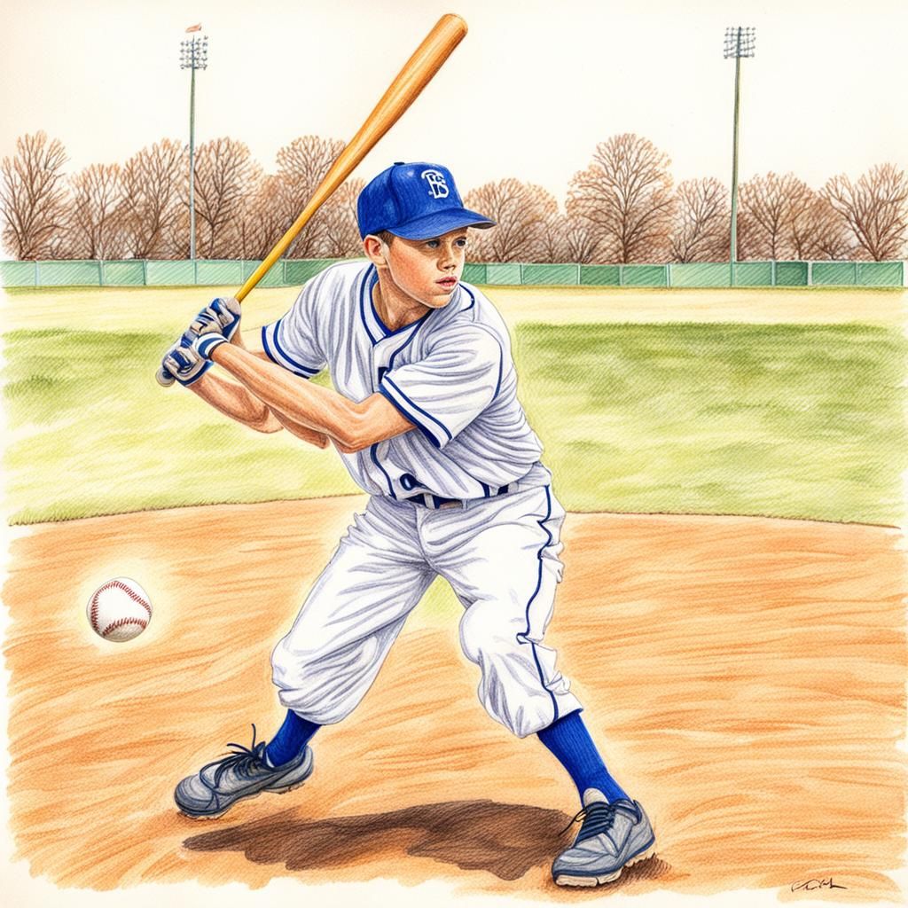 A handawn colored pencil sketch of a boys playing baseball