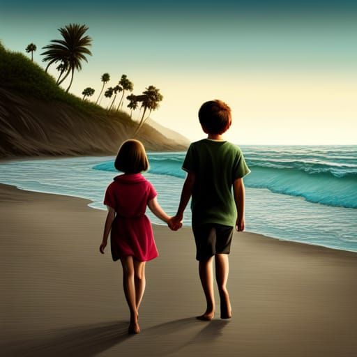 Teenage Couple Walking on Beach in Big-Eye Art Style