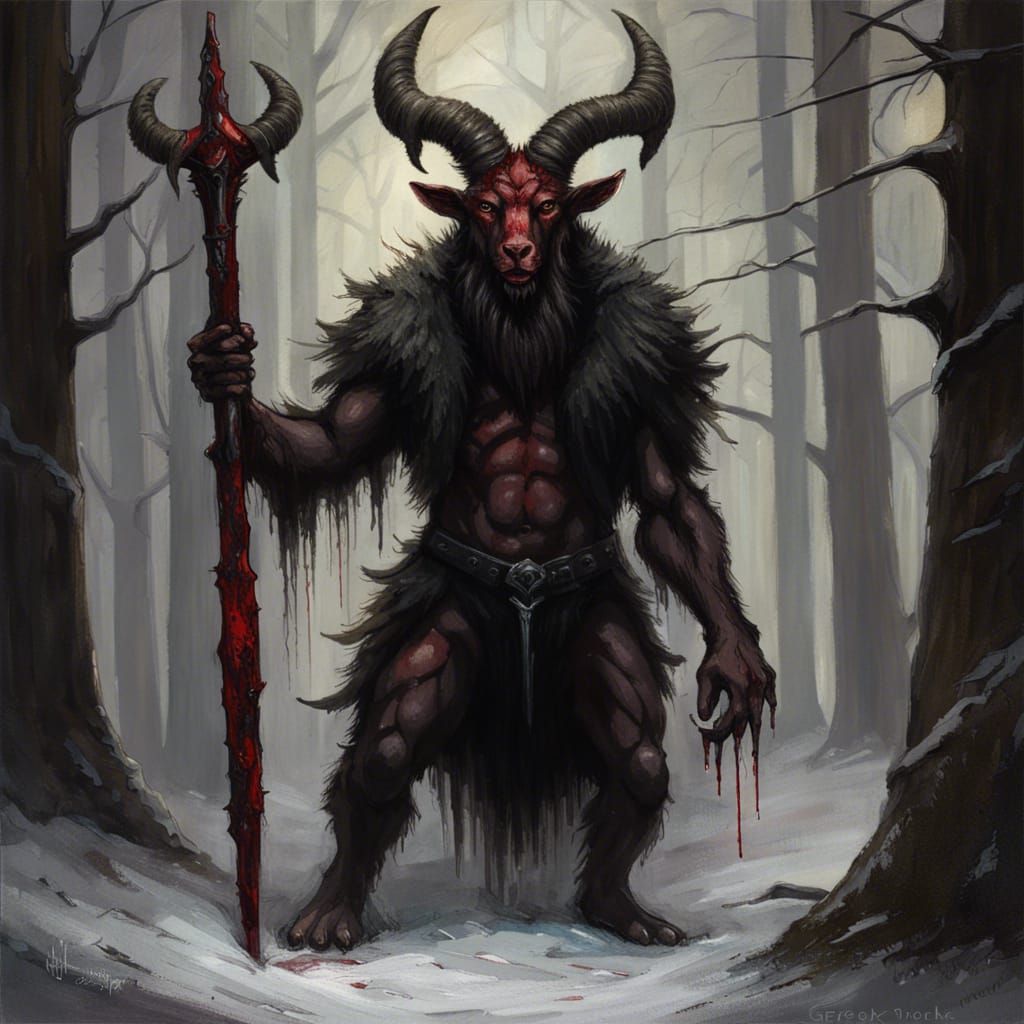 Wrathful Goat Satyr in Dark Winter Forest