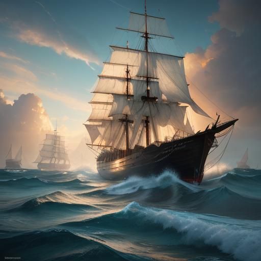 Lone Sailor: Vibrant Oil Painting of Ship